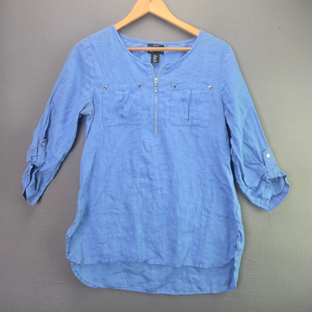 Jones New York Linen Tunic Top Zip Neck M Blue Roll Tab Sleeve Pockets 2967